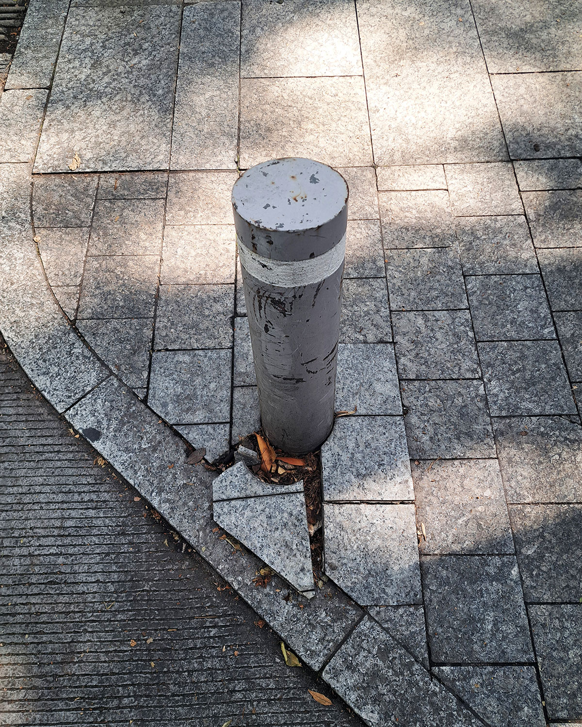 Traffic bollards, crashed