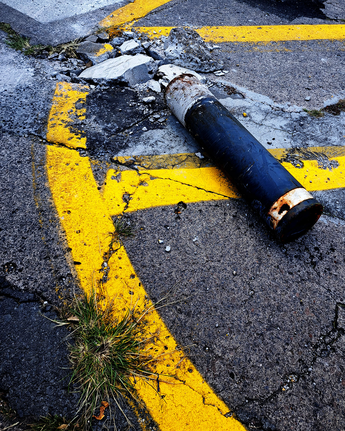 Traffic bollards, crashed