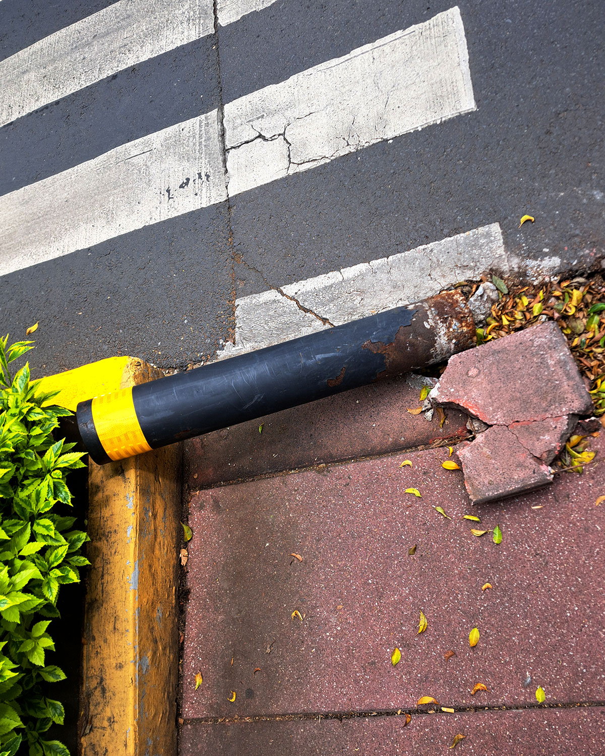 Traffic bollards, crashed
